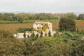 Vista llunyana de la masia envoltada de vinyes i camps de la finca