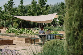 Persona treballant a l'hort de la finca sota una vela d'ombra entre camps